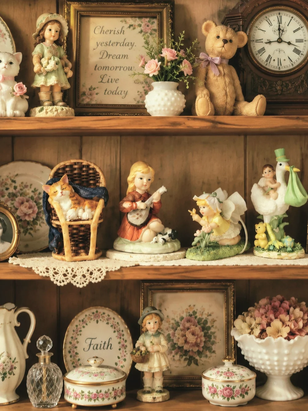 4 Vintage Porcelain Figurines, Enesco Fairy, Sleeping Cat, Stork And Mand. Girl